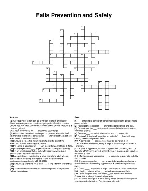 Falls Prevention and Safety Crossword Puzzle