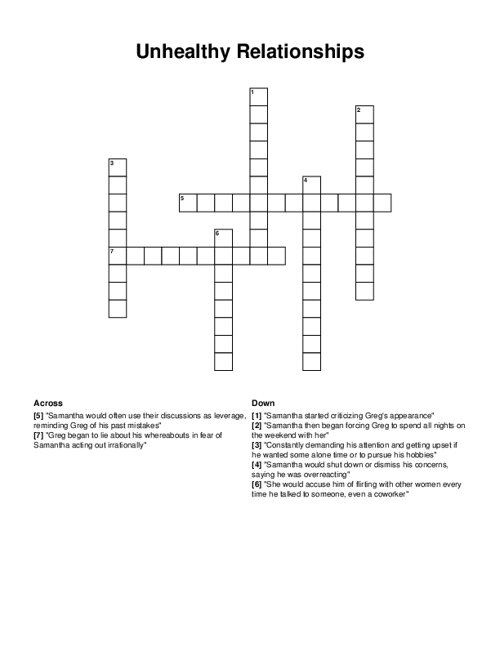 Unhealthy Relationships Crossword Puzzle