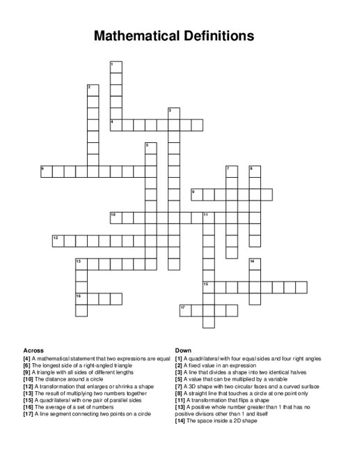 Mathematical Definitions Crossword Puzzle