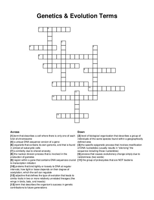 Genetics & Evolution Terms Crossword Puzzle