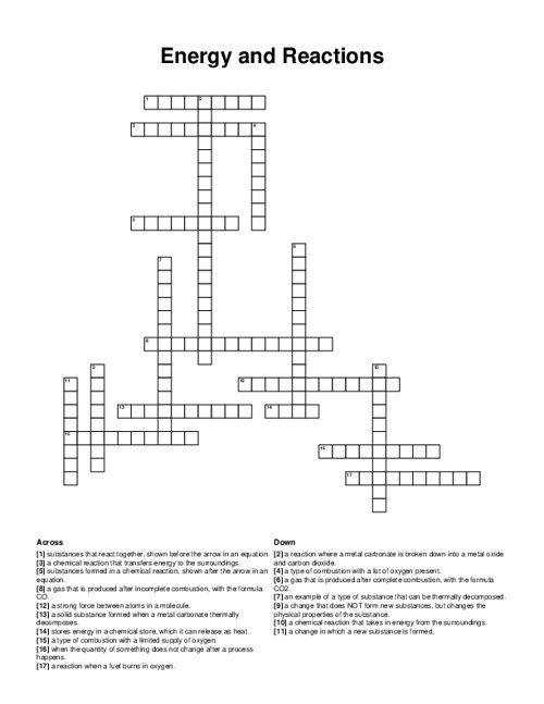 Energy and Reactions Crossword Puzzle