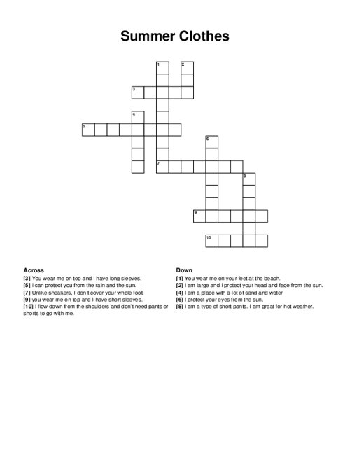 Summer Clothes Crossword Puzzle