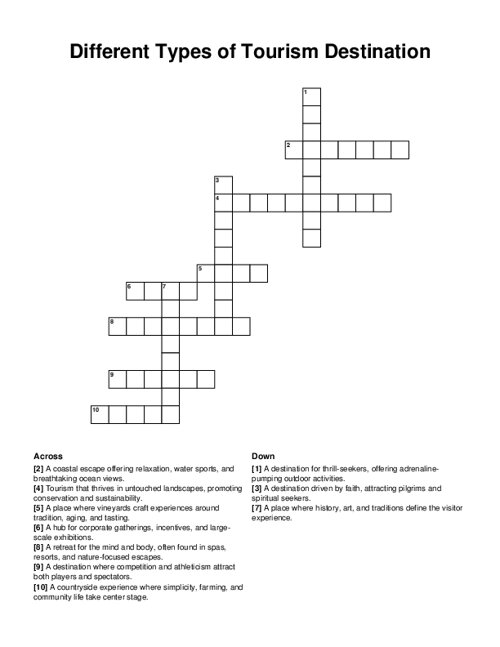 Different Types of Tourism Destination Crossword Puzzle