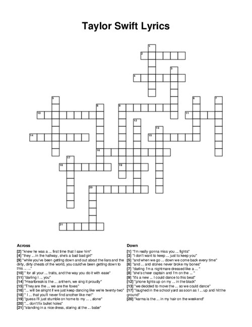 Taylor Swift Lyrics Crossword Puzzle