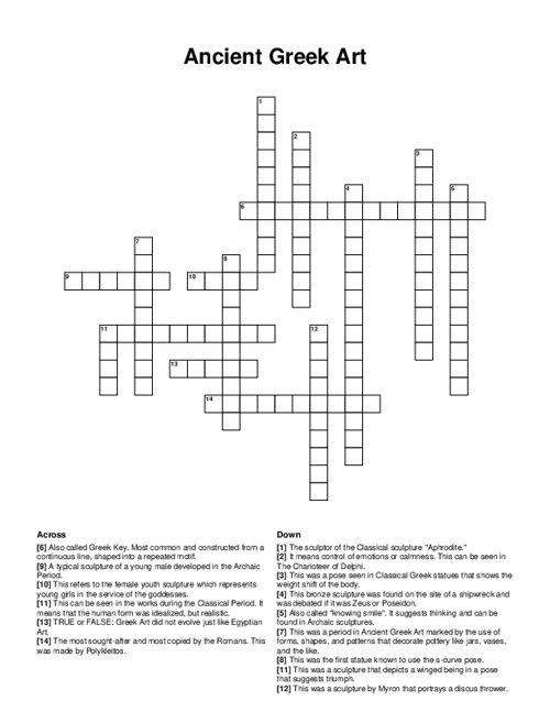 Ancient Greek Art Crossword Puzzle