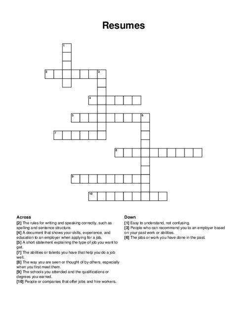 Resumes Crossword Puzzle