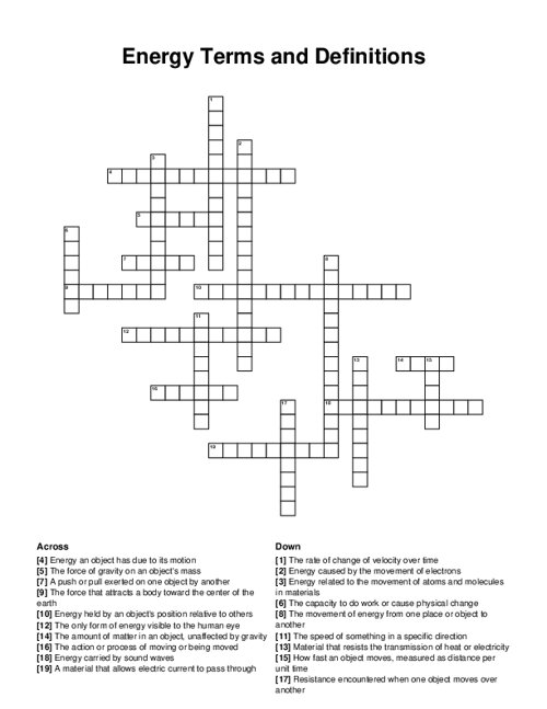 Energy Terms and Definitions Crossword Puzzle