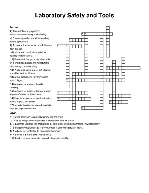 Laboratory Safety and Tools Crossword Puzzle