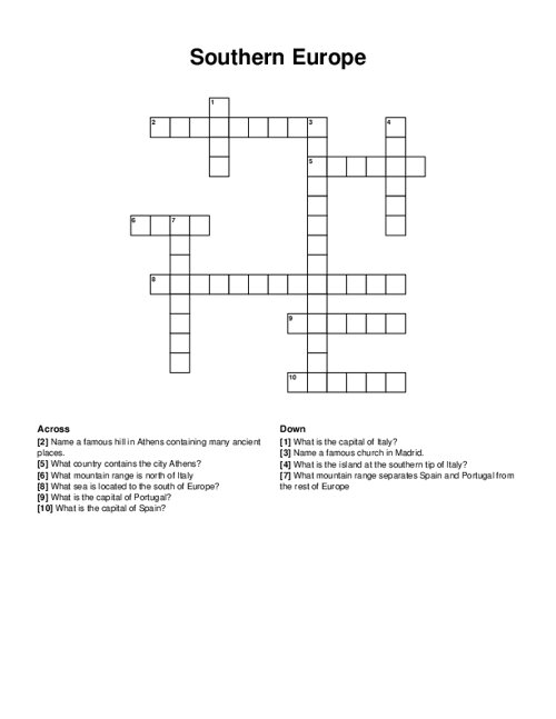 Southern Europe Crossword Puzzle