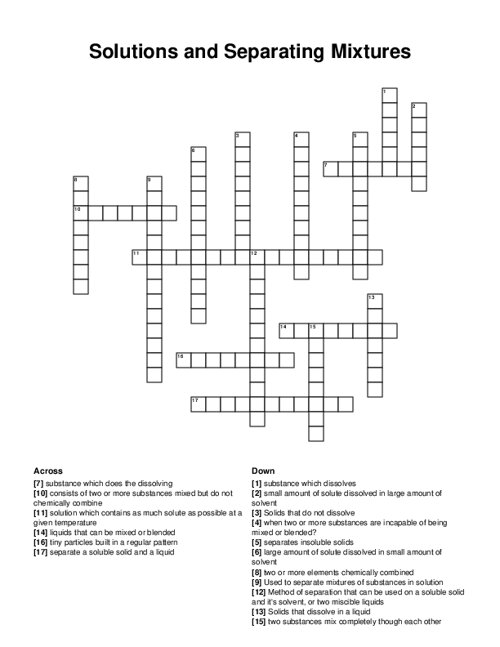 Solutions and Separating Mixtures Crossword Puzzle