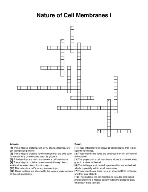 Nature of Cell Membranes I Crossword Puzzle