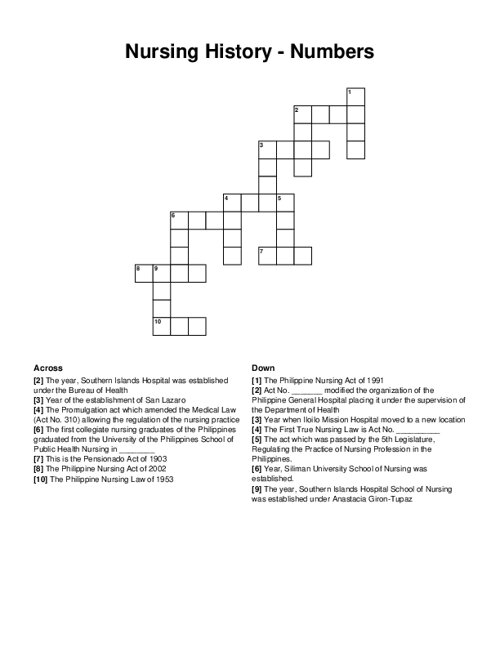 Nursing History - Numbers Crossword Puzzle