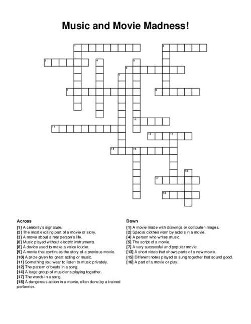 Music and Movie Madness! Crossword Puzzle