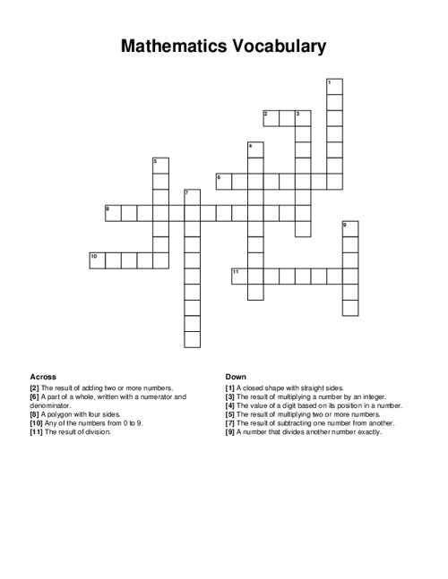 Mathematics Vocabulary Crossword Puzzle