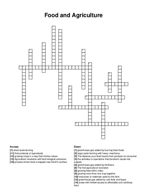 Food and Agriculture Crossword Puzzle