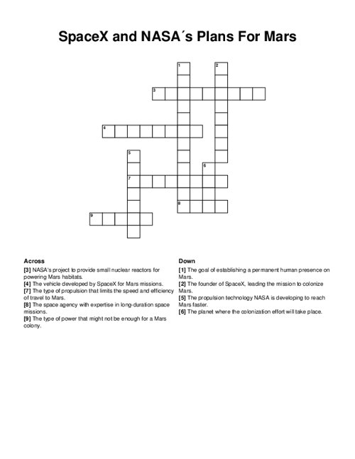 SpaceX and NASA´s Plans For Mars Crossword Puzzle