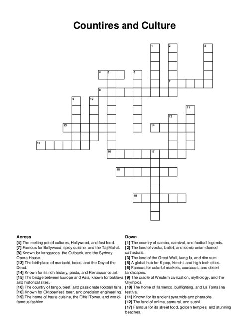 Countires and Culture Crossword Puzzle