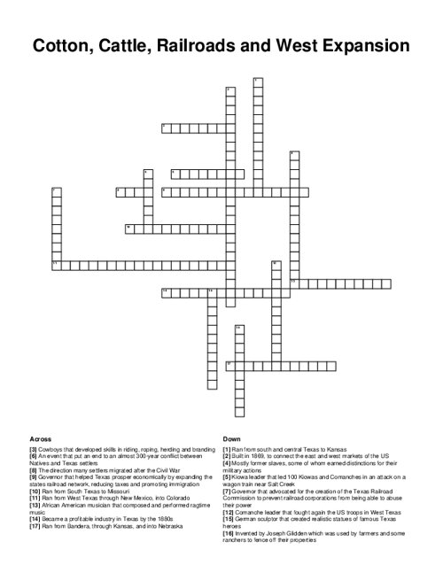 Cotton, Cattle, Railroads and West Expansion Crossword Puzzle