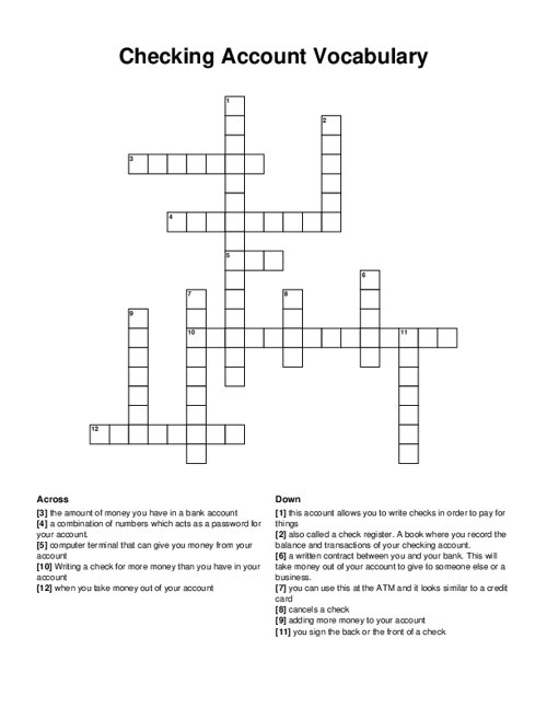 Checking Account Vocabulary Crossword Puzzle