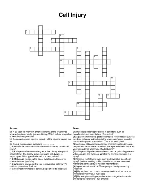 Cell Injury Crossword Puzzle