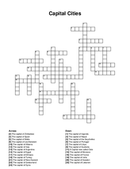 Capital Cities Crossword Puzzle