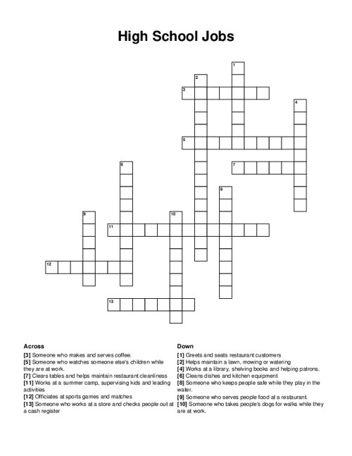 High School Jobs Crossword Puzzle