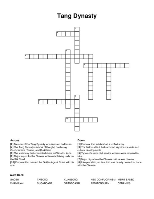 Tang Dynasty Crossword Puzzle