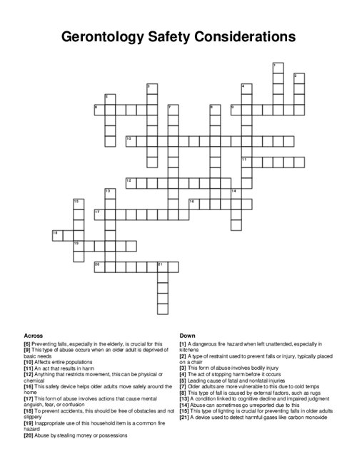 Gerontology Safety Considerations Crossword Puzzle