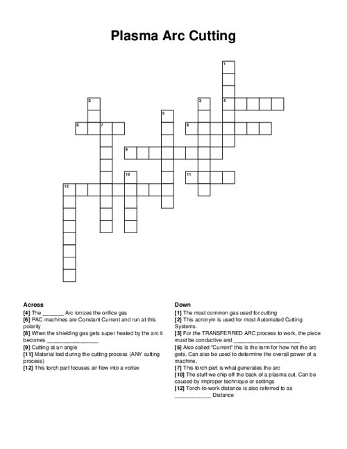 Plasma Arc Cutting Crossword Puzzle