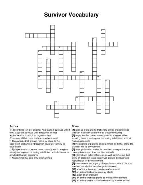 Survivor Vocabulary Crossword Puzzle