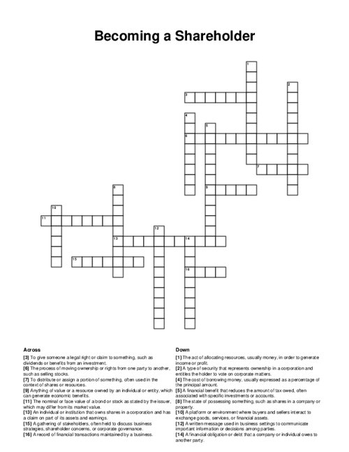 Becoming a Shareholder Crossword Puzzle