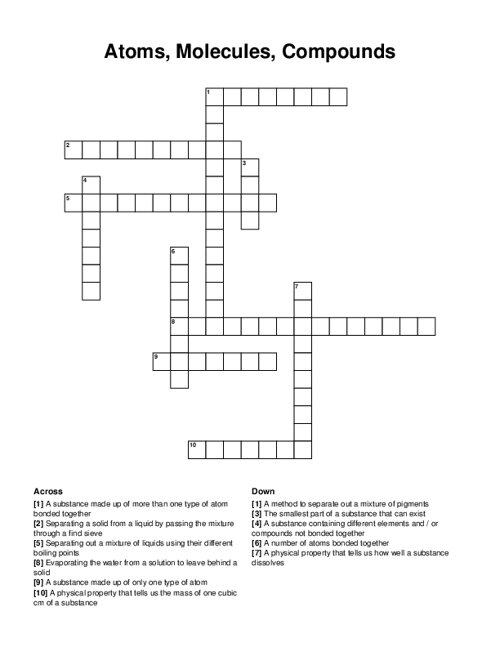 Atoms, Molecules, Compounds Crossword Puzzle