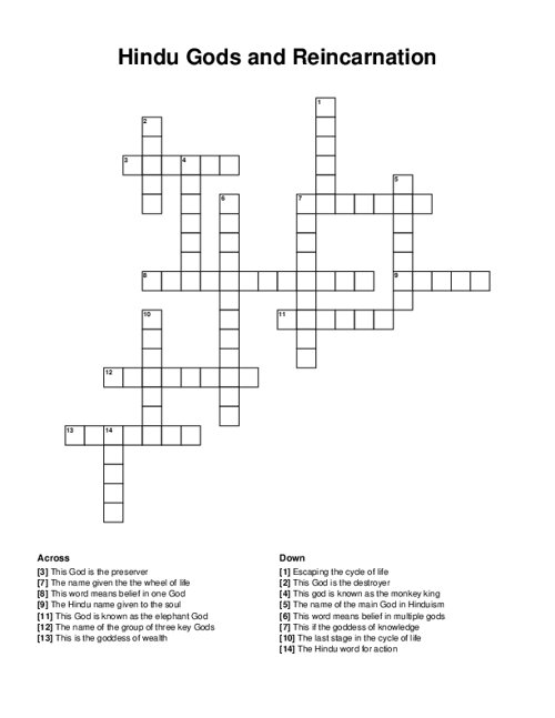 Hindu Gods and Reincarnation Crossword Puzzle