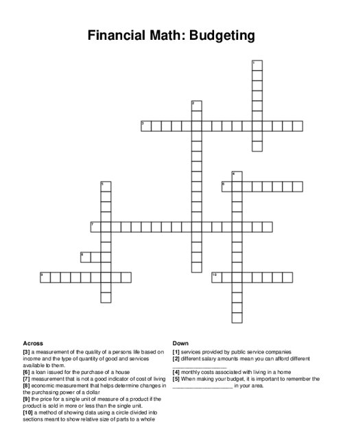 Financial Math: Budgeting Crossword Puzzle