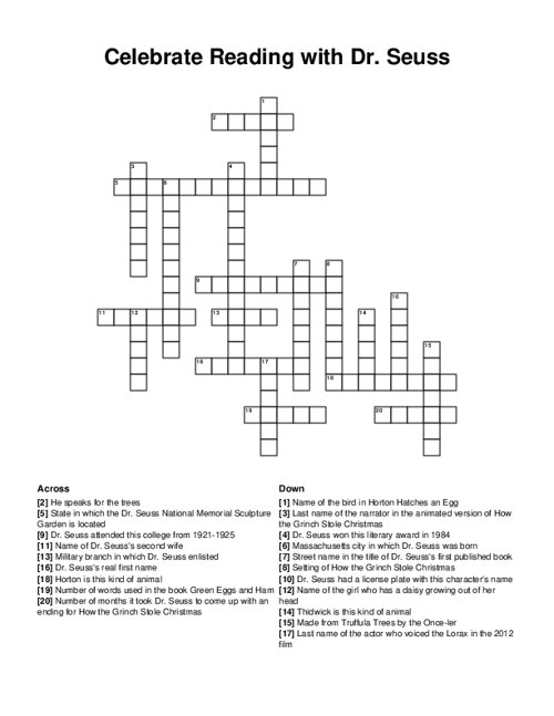 Celebrate Reading with Dr. Seuss Crossword Puzzle