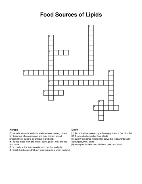 Food Sources of Lipids Crossword Puzzle