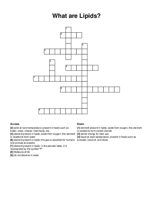 What are Lipids? Crossword Puzzle