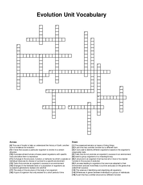 Evolution Unit Vocabulary Crossword Puzzle