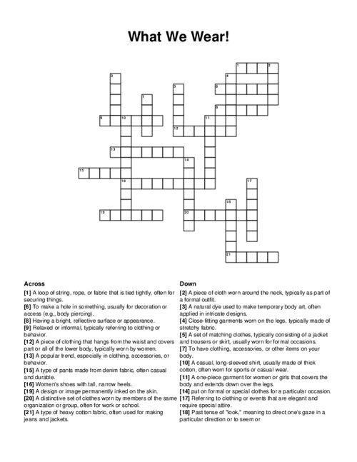 What We Wear! Crossword Puzzle