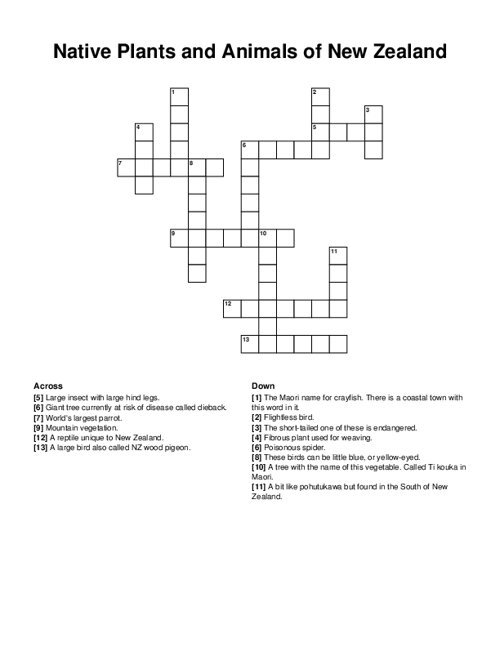 Native Plants and Animals of New Zealand Crossword Puzzle