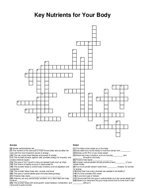 Key Nutrients for Your Body Crossword Puzzle