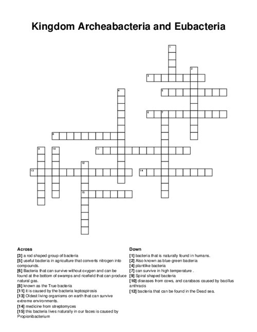 Kingdom Archeabacteria and Eubacteria Crossword Puzzle