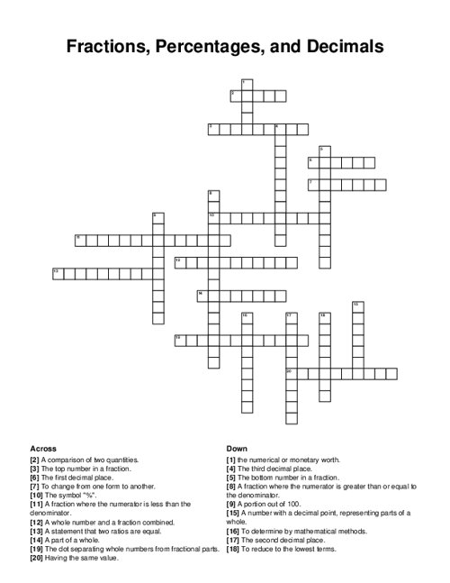 Fractions, Percentages, and Decimals Crossword Puzzle