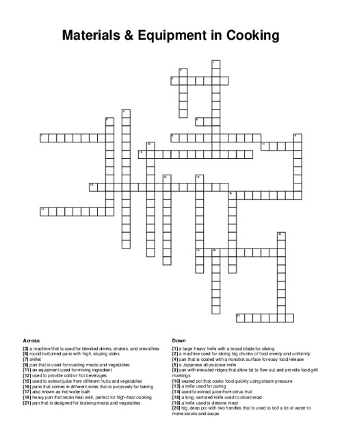 Materials & Equipment in Cooking Crossword Puzzle