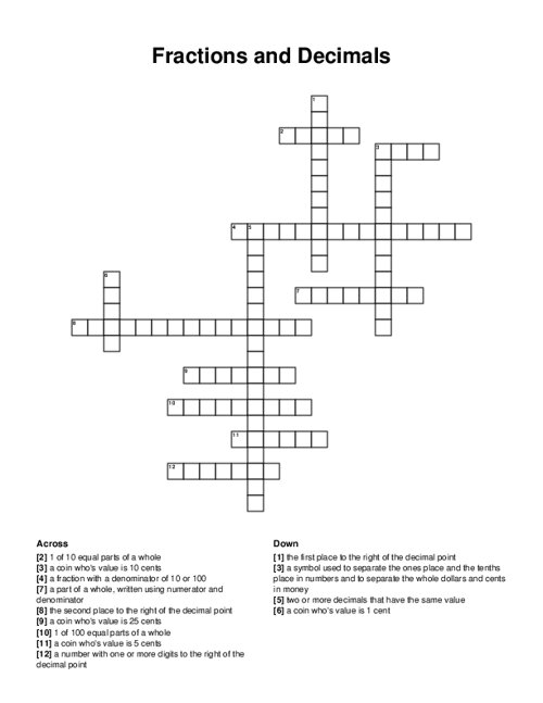 Fractions and Decimals Crossword Puzzle