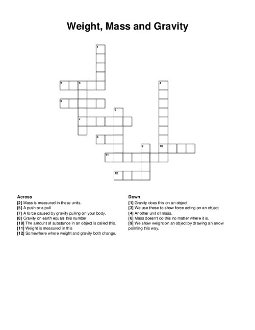 Weight, Mass and Gravity Crossword Puzzle