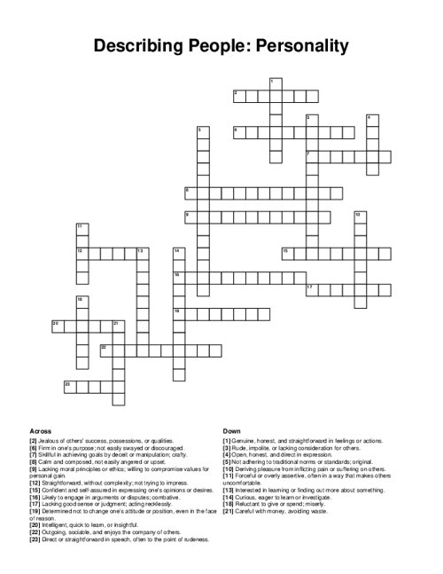 Describing People: Personality Crossword Puzzle