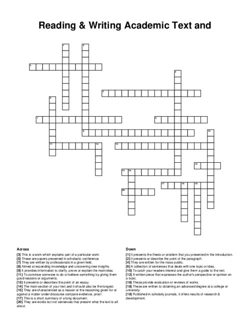 Reading & Writing Academic Text and Structure Crossword Puzzle