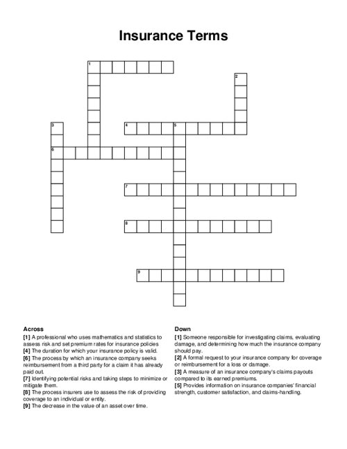 Insurance Terms Crossword Puzzle