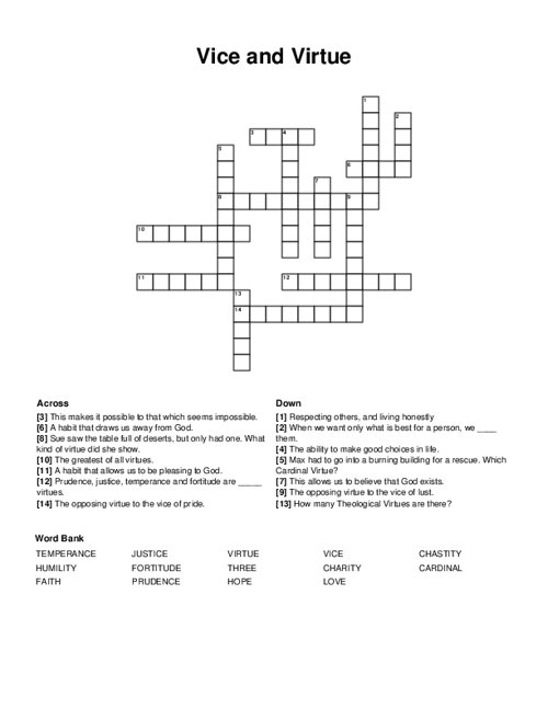 Vice and Virtue Crossword Puzzle